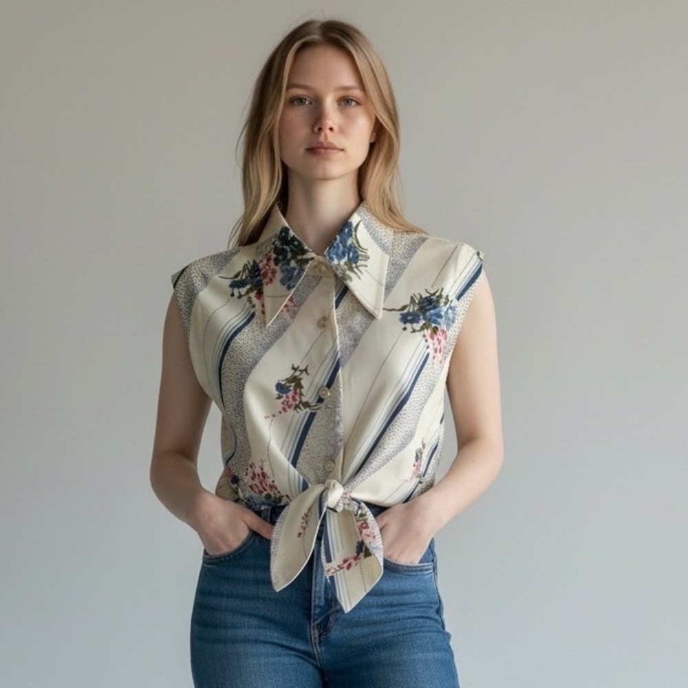 Vintage 70s Murrs of California Dagger Collar Crop Top Floral Tie Front L